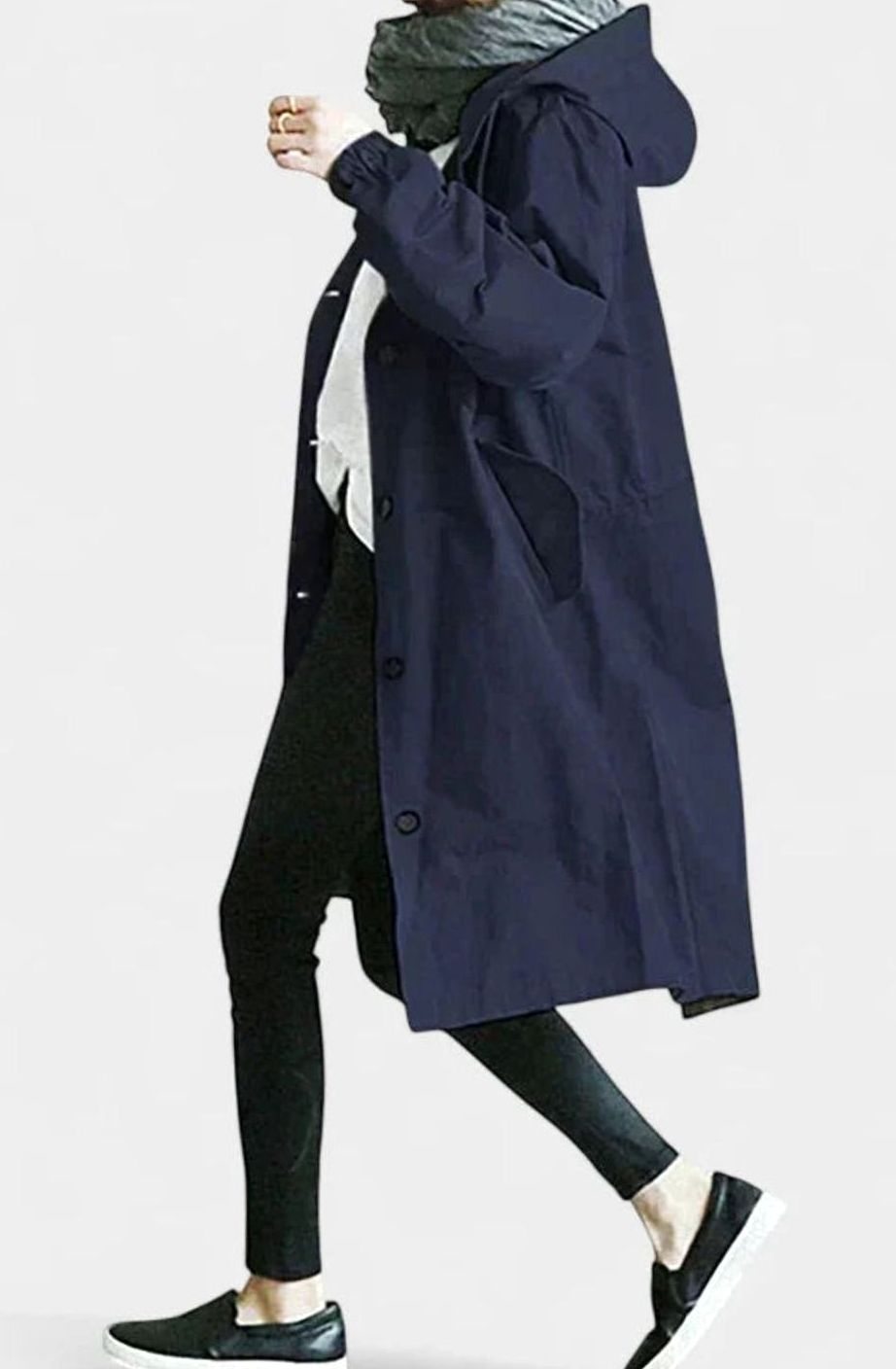 Women's Oversized Button-Up Trench Coat with Built-In Hood - Navy Blue