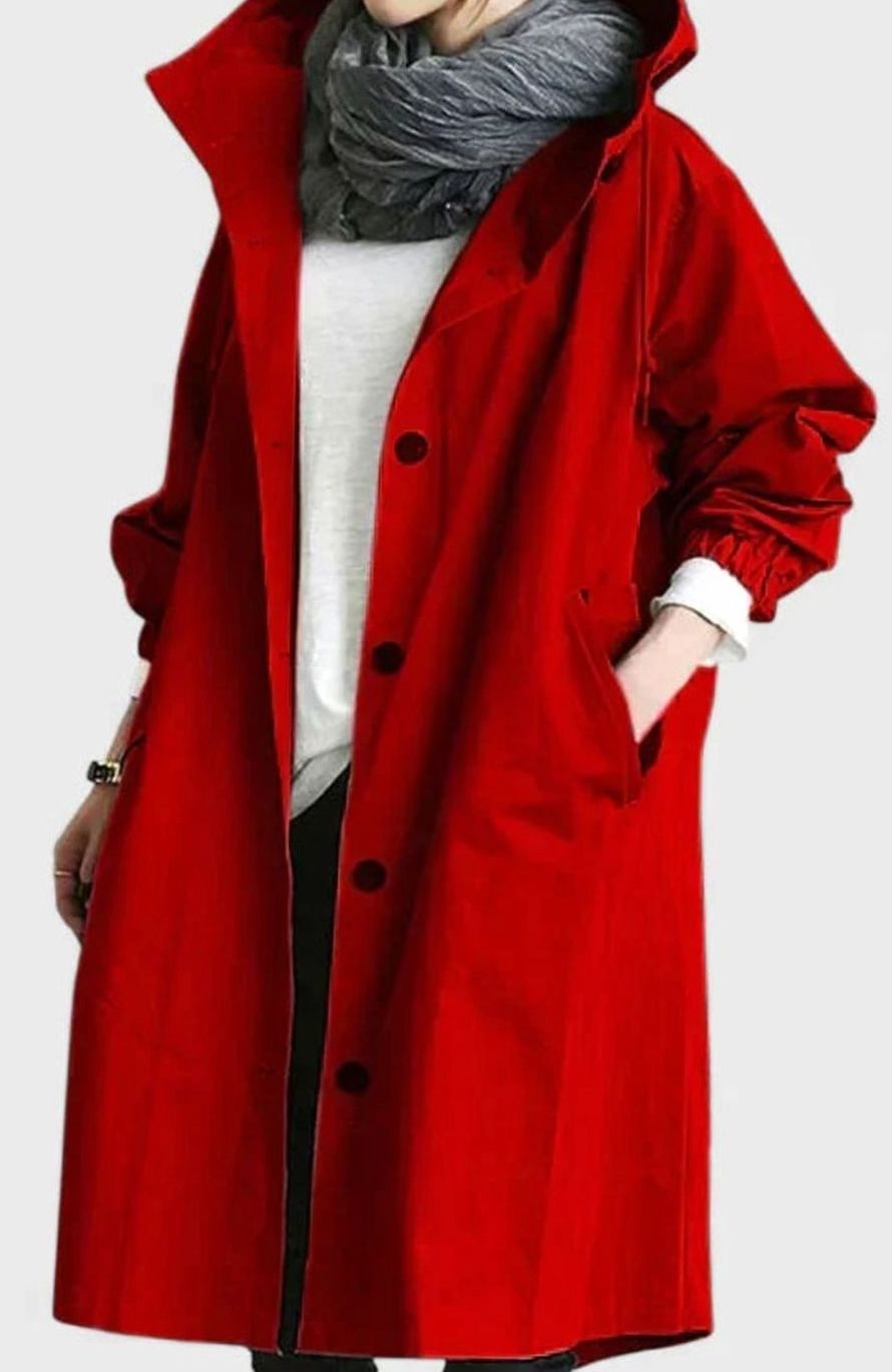 Women's Oversized Button-Up Trench Coat with Built-In Hood - Red