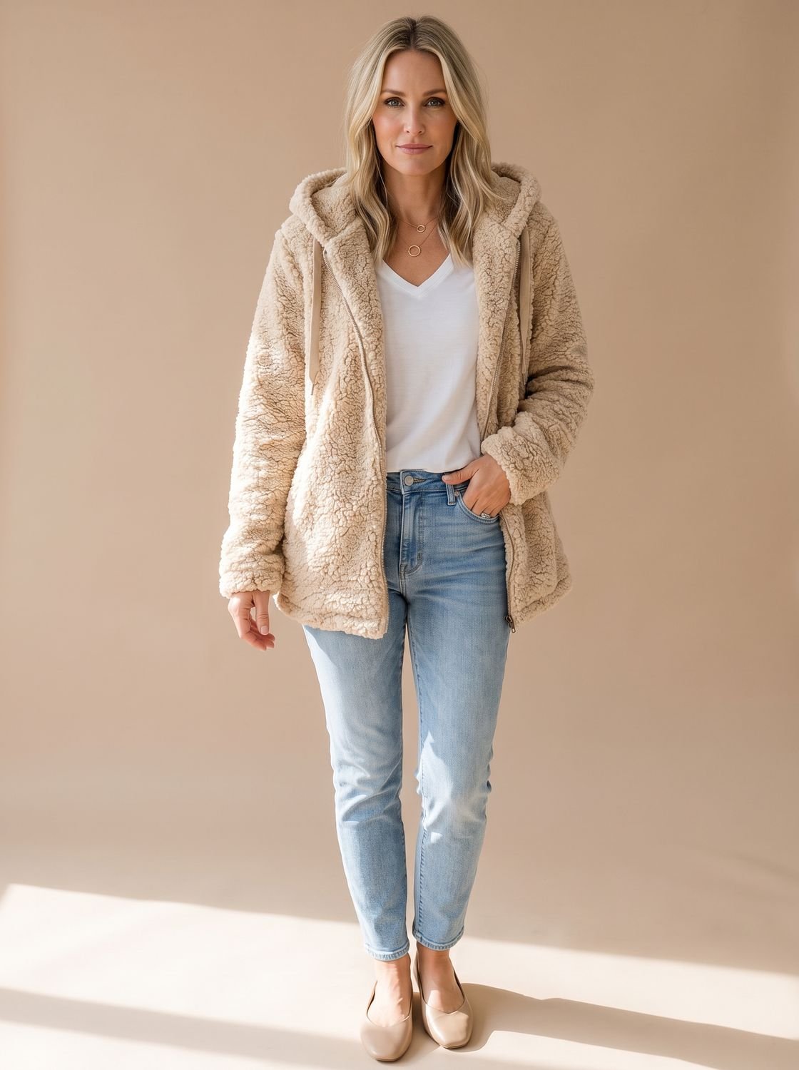 Women's Relaxed Teddy Coat with Hood and Full Zip - Beige