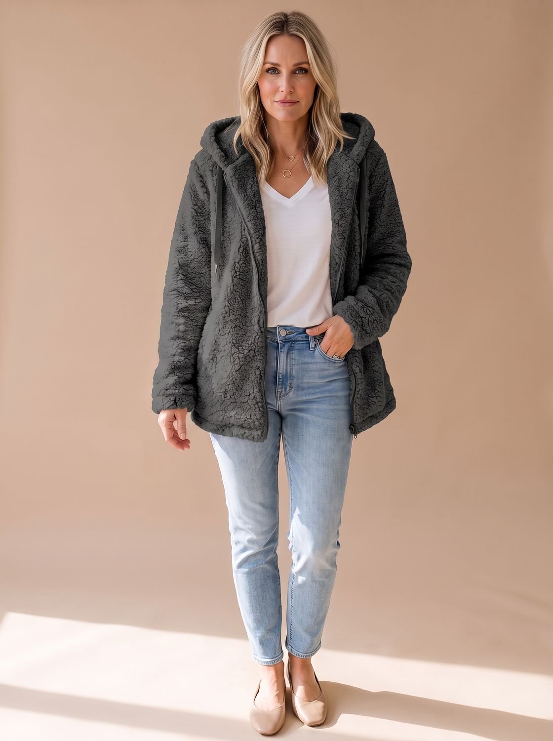 Women's Relaxed Teddy Coat with Hood and Full Zip - Black