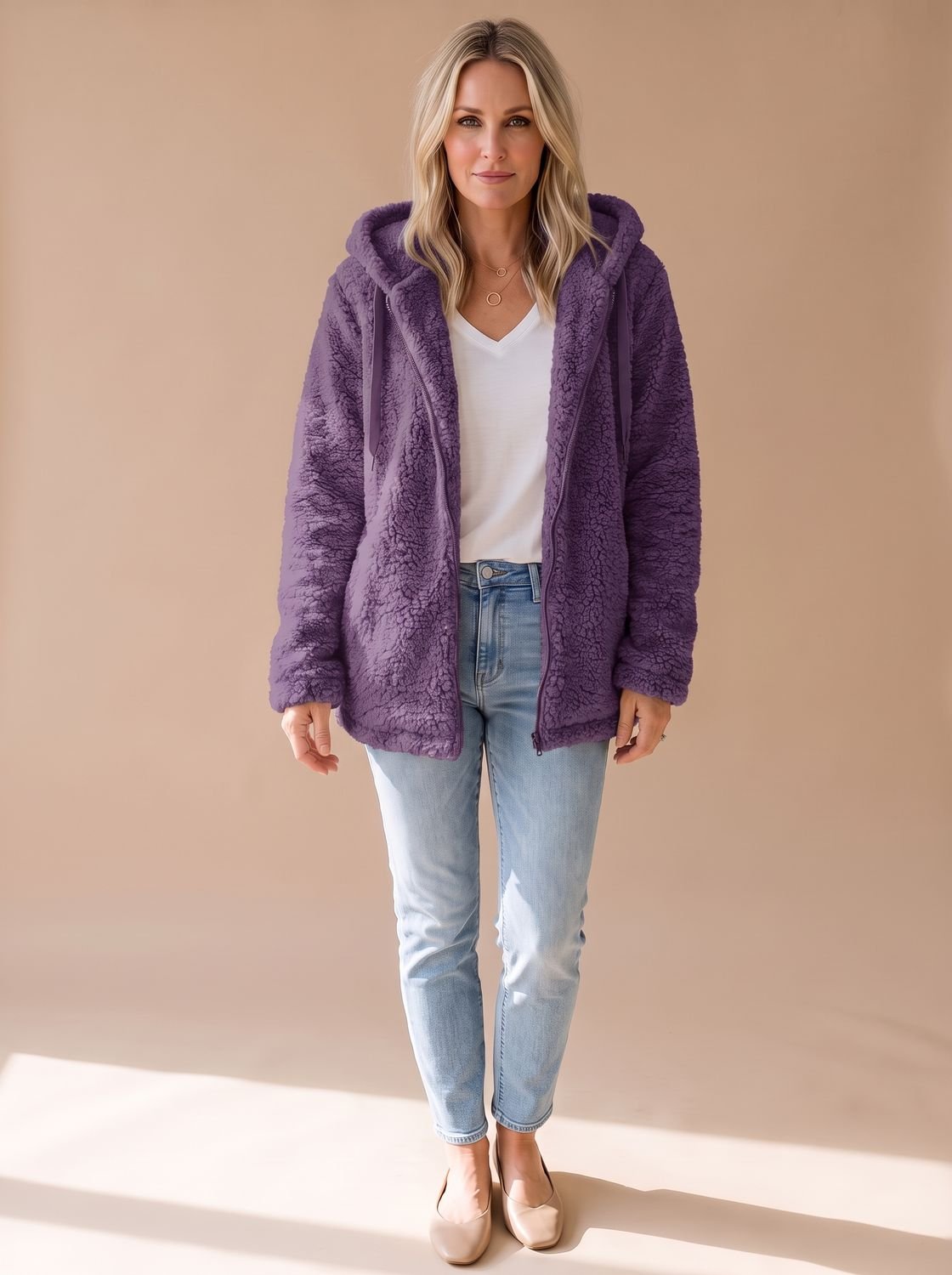 Women's Relaxed Teddy Coat with Hood and Full Zip - Purple