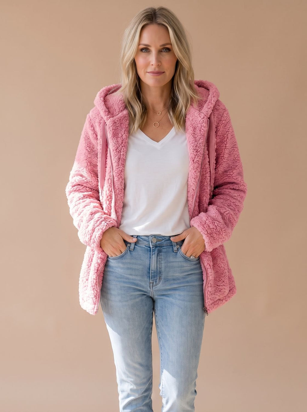 Women's Relaxed Teddy Coat with Hood and Full Zip - Pink