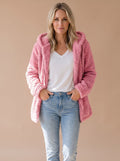 Women's Relaxed Teddy Coat with Hood and Full Zip - Pink
