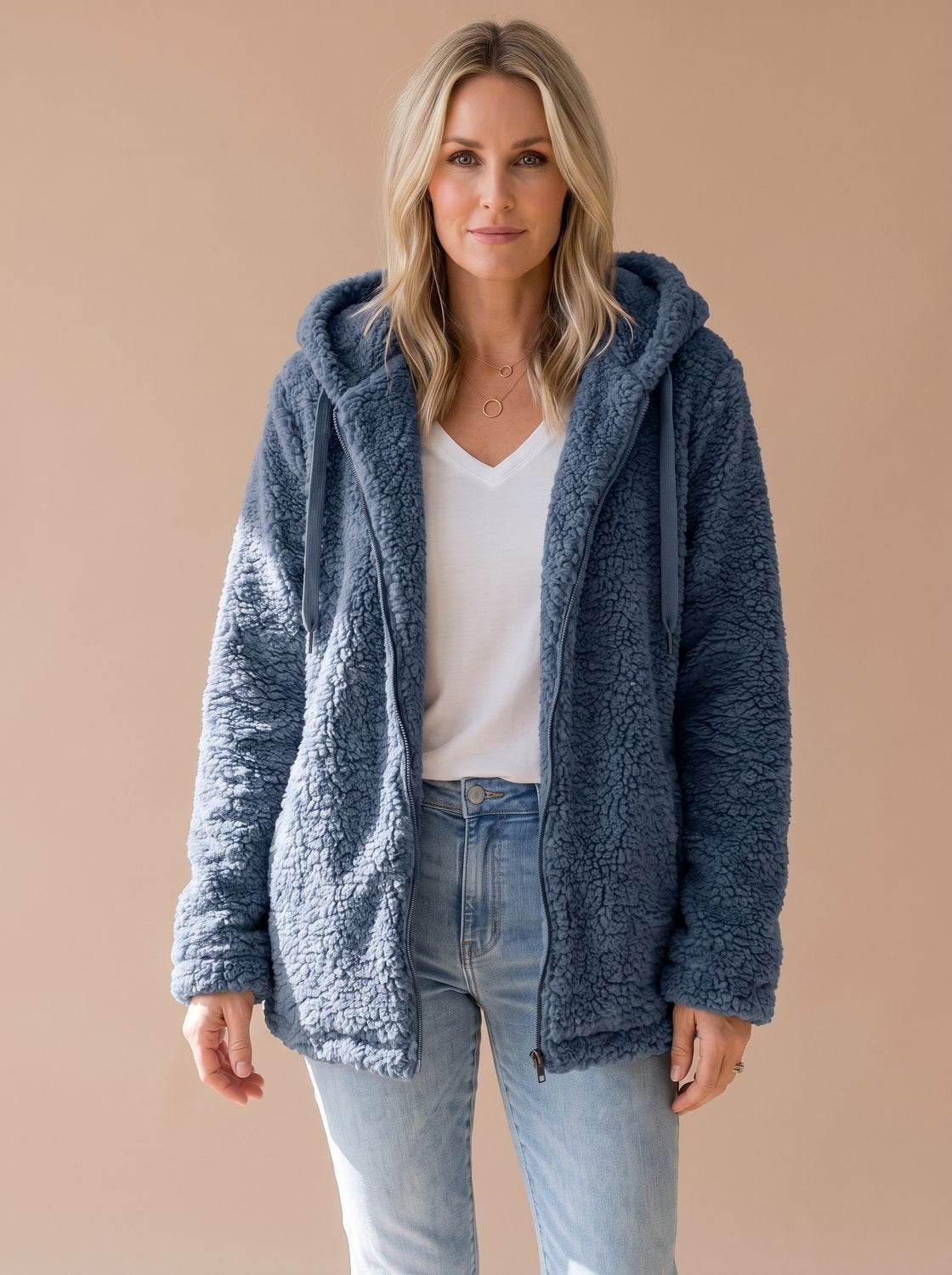 Women's Relaxed Teddy Coat with Hood and Full Zip - Blue