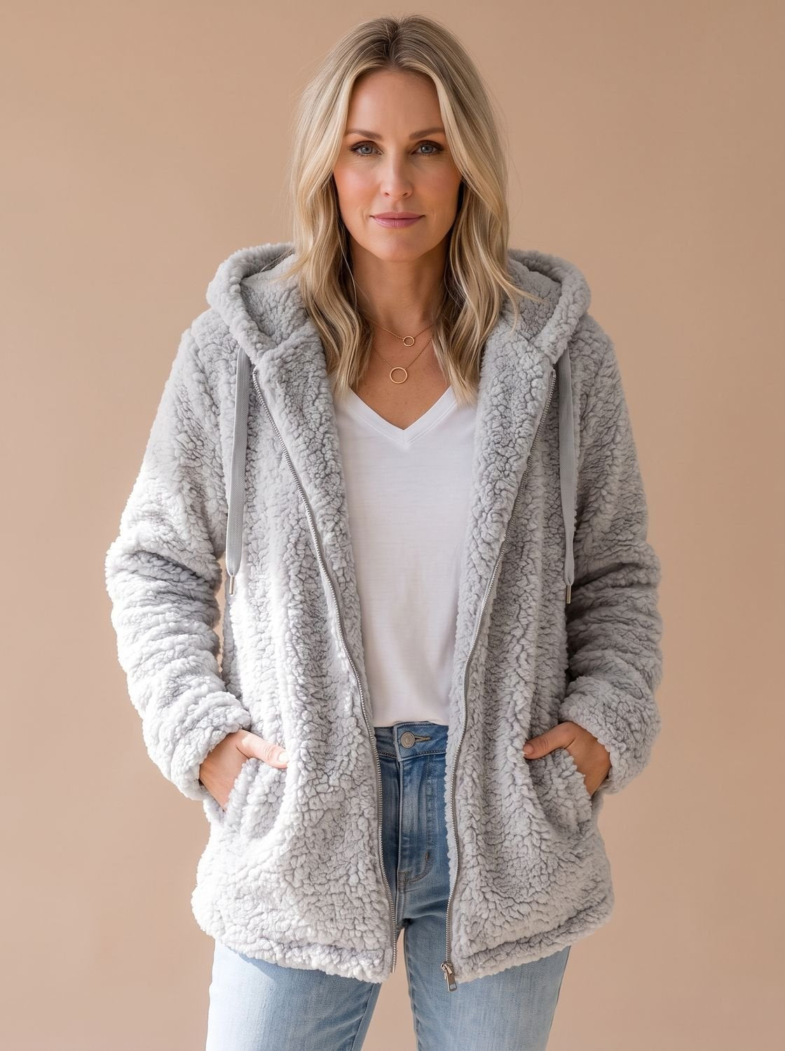Women's Relaxed Teddy Coat with Hood and Full Zip - Light Gray