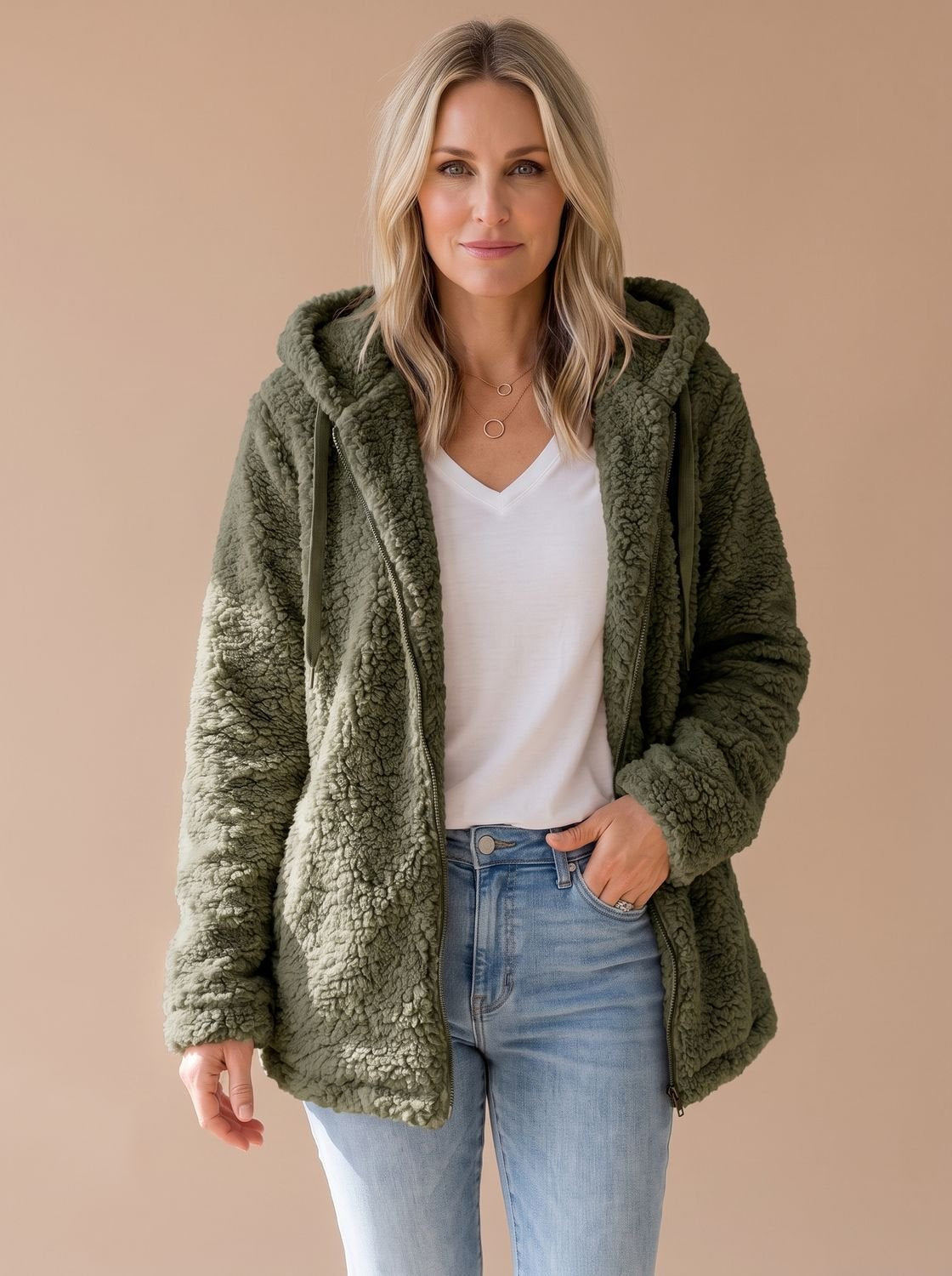 Women's Relaxed Teddy Coat with Hood and Full Zip - Green