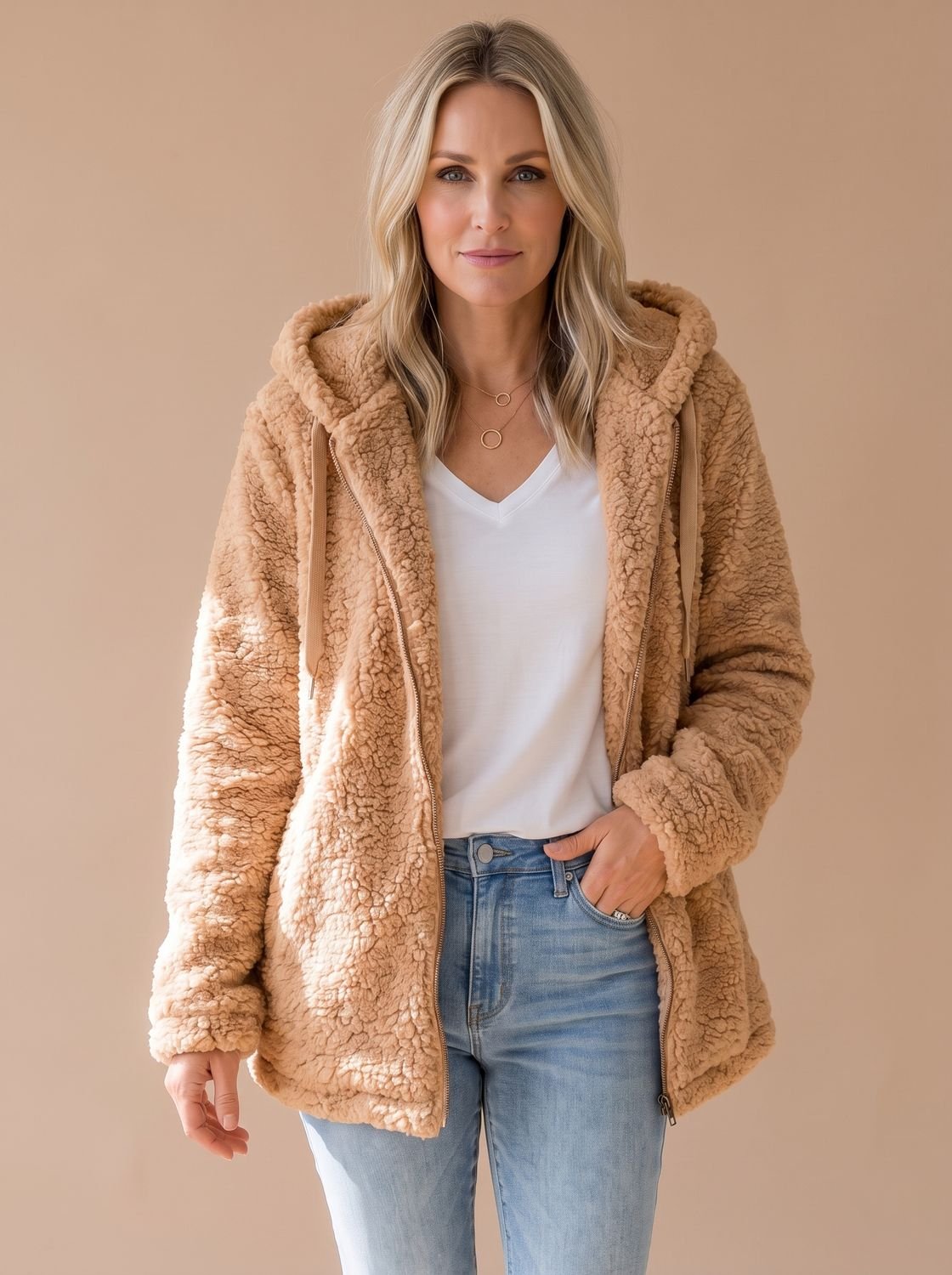 Women's Relaxed Teddy Coat with Hood and Full Zip - Cappuccino