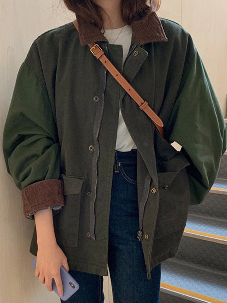 Women's Relaxed Zip-Front Utility Jacket with Patch Pockets – Army Green