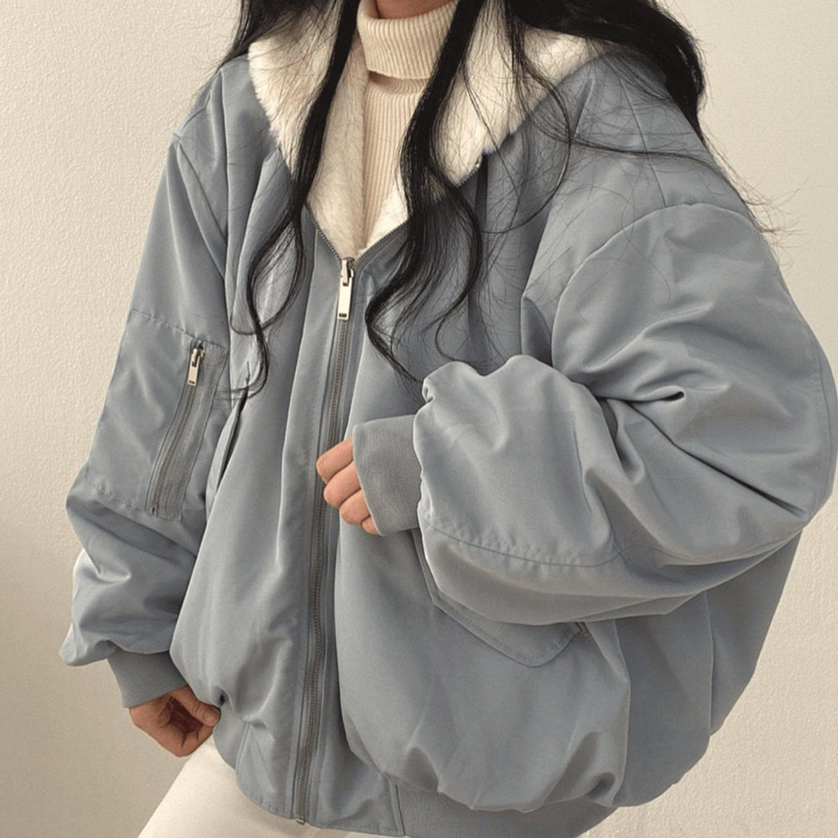 Women's Oversized Relaxed-Fit Fleece-Lined Zip-Up Winter Jacket