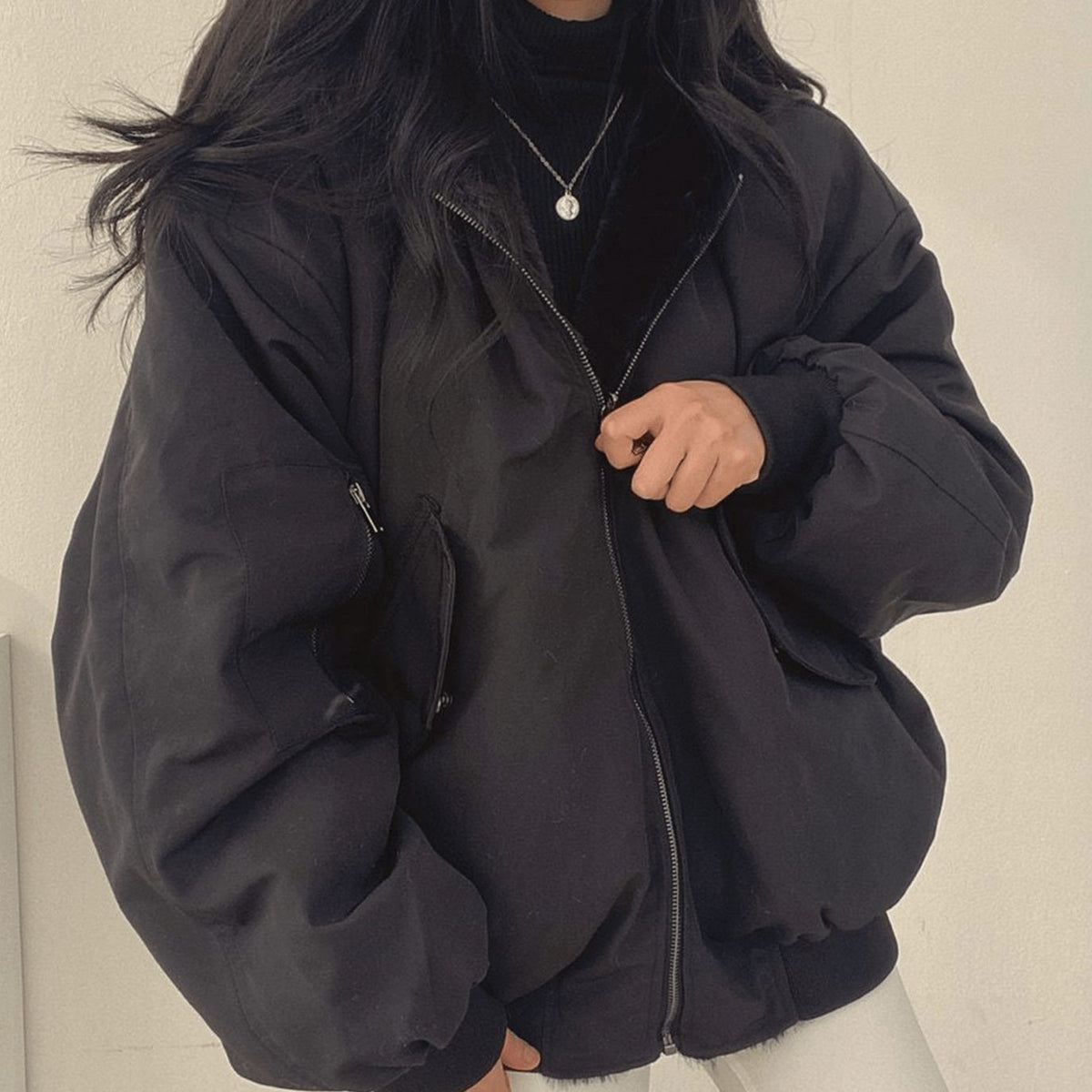 Women's Oversized Relaxed-Fit Fleece-Lined Zip-Up Winter Jacket