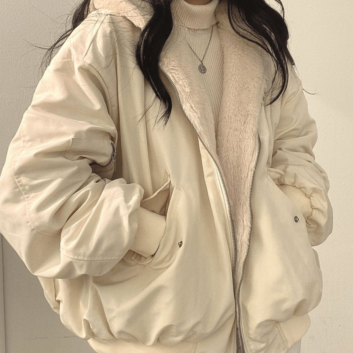 Women's Oversized Relaxed-Fit Fleece-Lined Zip-Up Winter Jacket