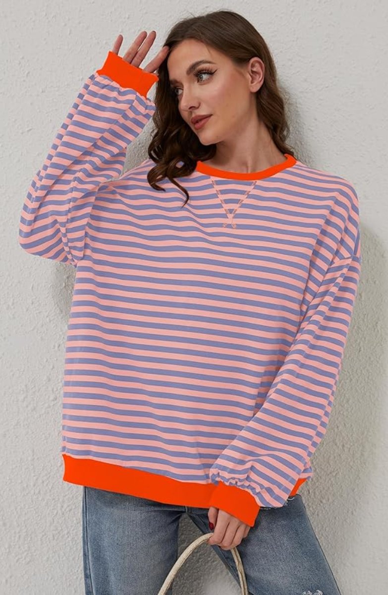 Women's Oversized Striped Long-Sleeve Pullover Sweater
