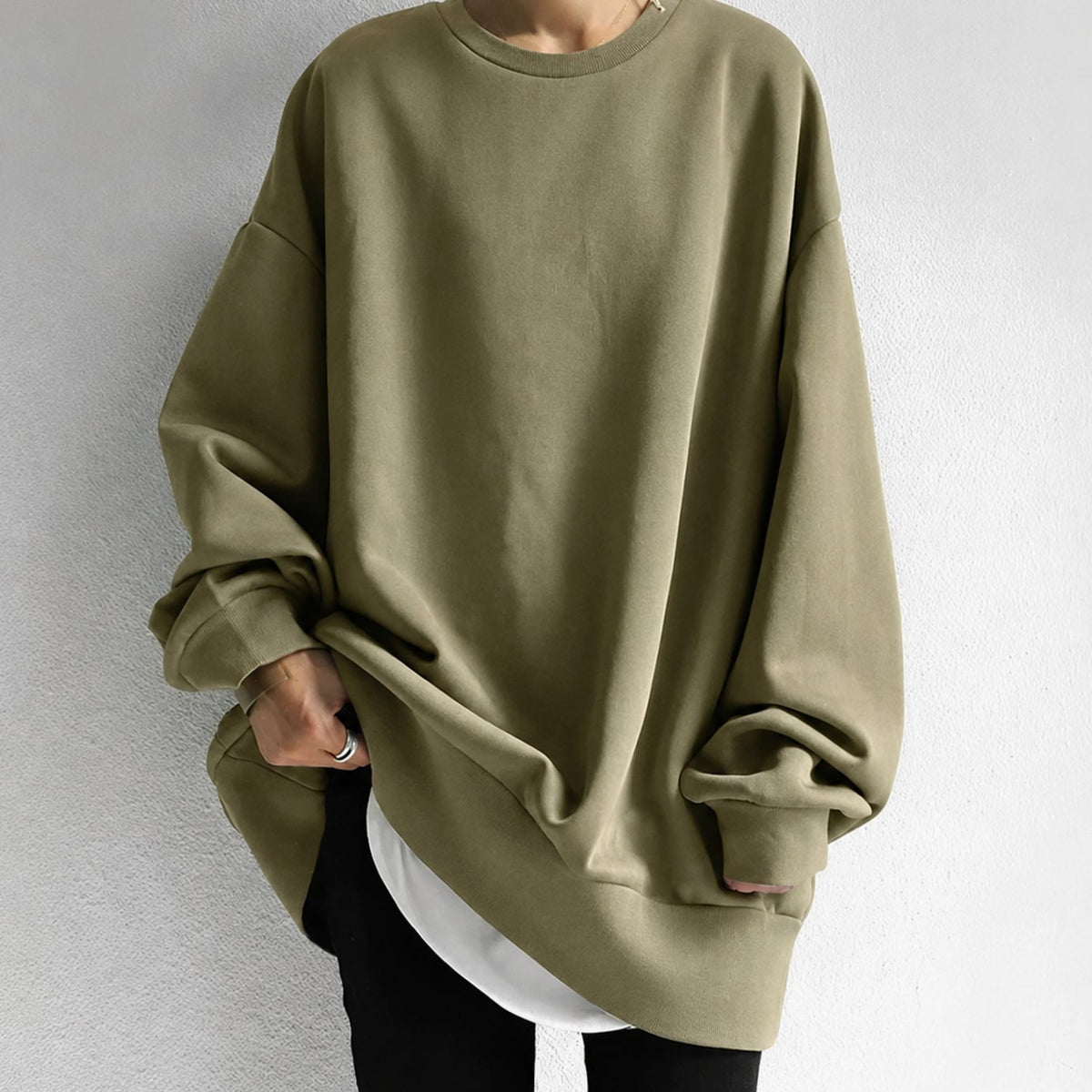 Women's Tunic Length Drop Shoulder Oversized Crewneck Sweater - Brown