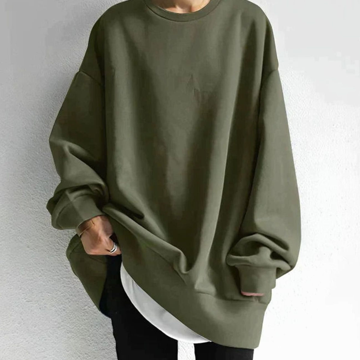 Women's Tunic Length Drop Shoulder Oversized Crewneck Sweater - Army Green