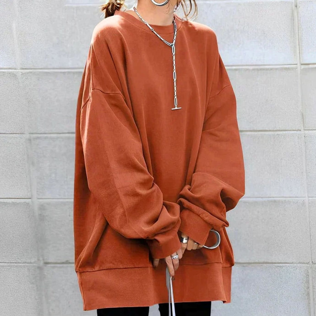 Women's Tunic Length Drop Shoulder Oversized Crewneck Sweater - Orange