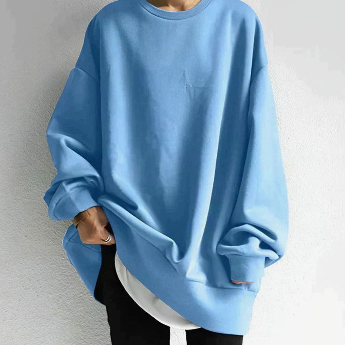 Women's Tunic Length Drop Shoulder Oversized Crewneck Sweater - Light Blue
