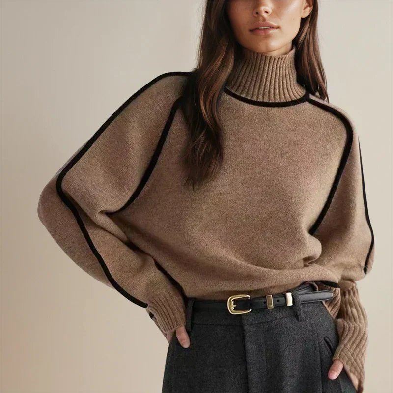 Women's Oversized Turtleneck Colorblock Knit Sweater