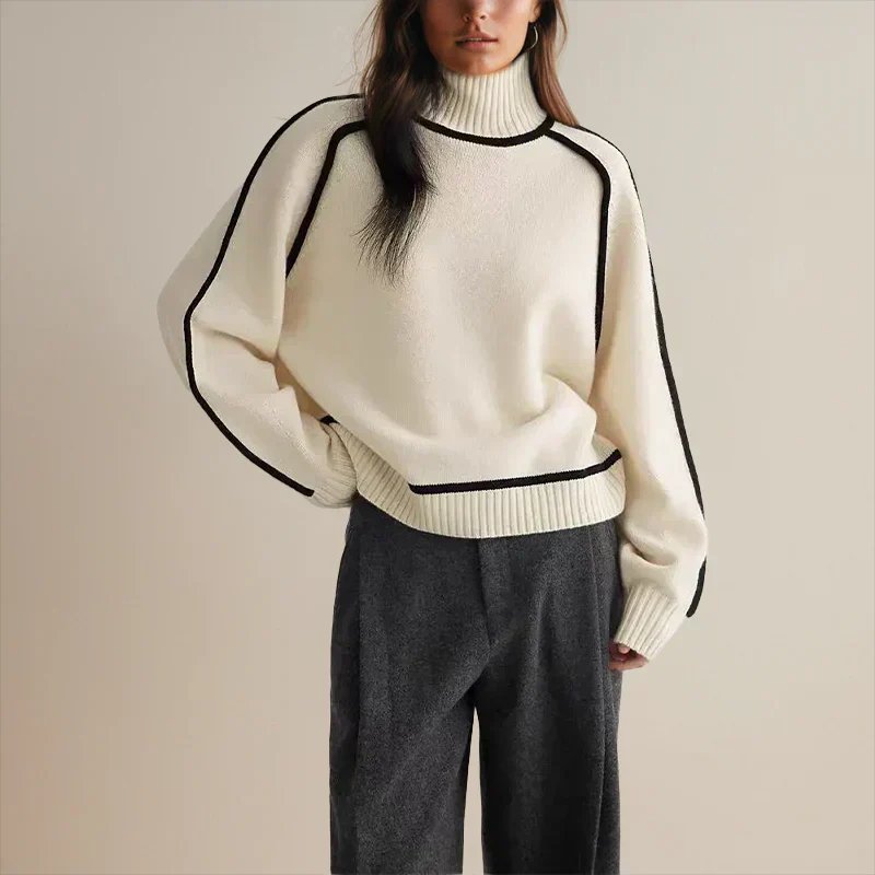 Women's Oversized Turtleneck Colorblock Knit Sweater