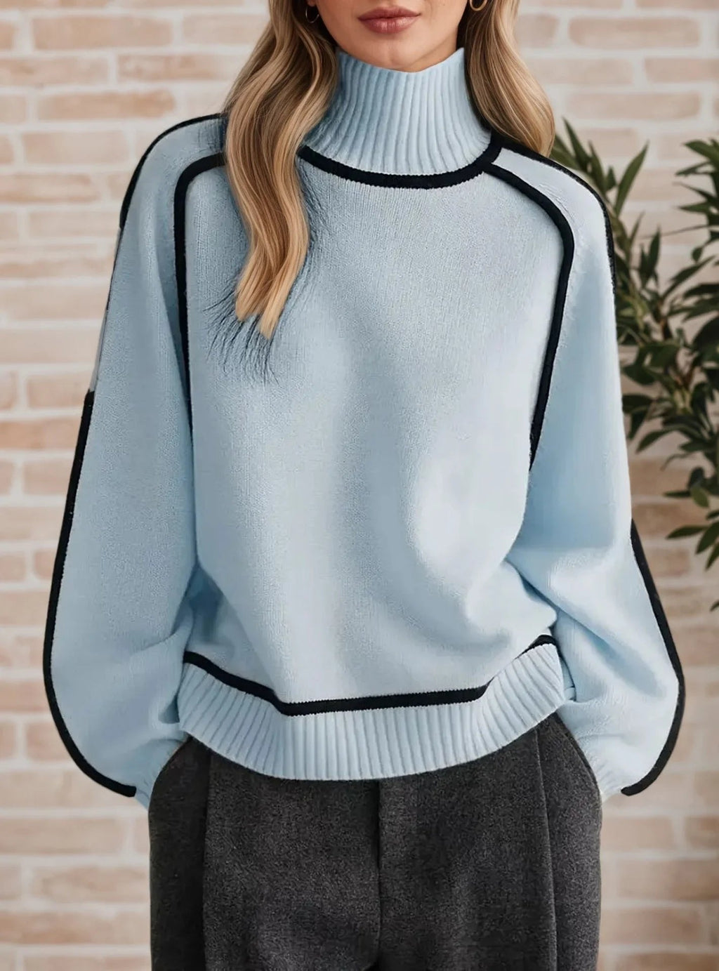 Women's Oversized Turtleneck Colorblock Knit Sweater