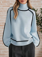 Women's Oversized Turtleneck Colorblock Knit Sweater