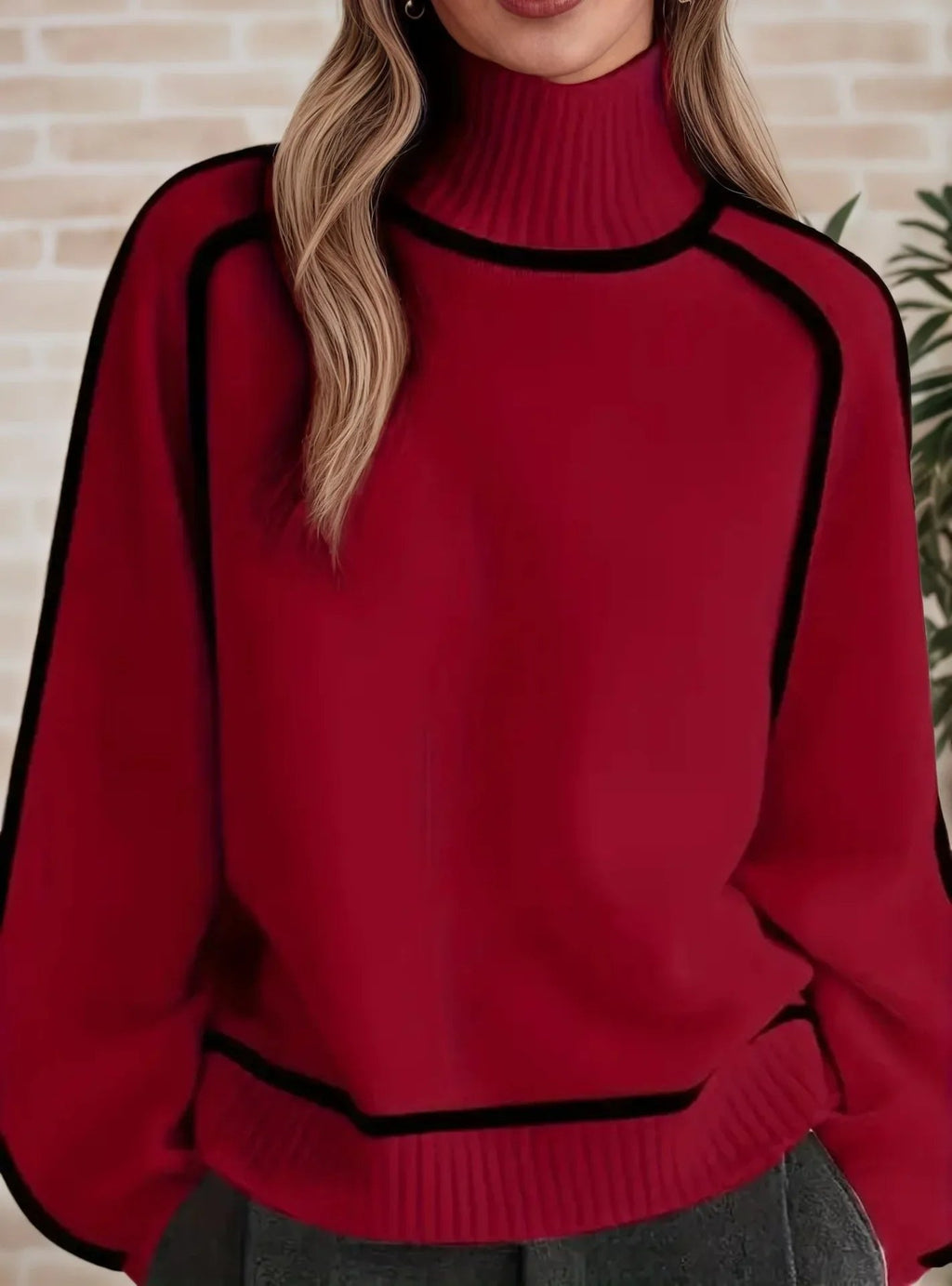 Women's Oversized Turtleneck Colorblock Knit Sweater