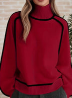 Women's Oversized Turtleneck Colorblock Knit Sweater