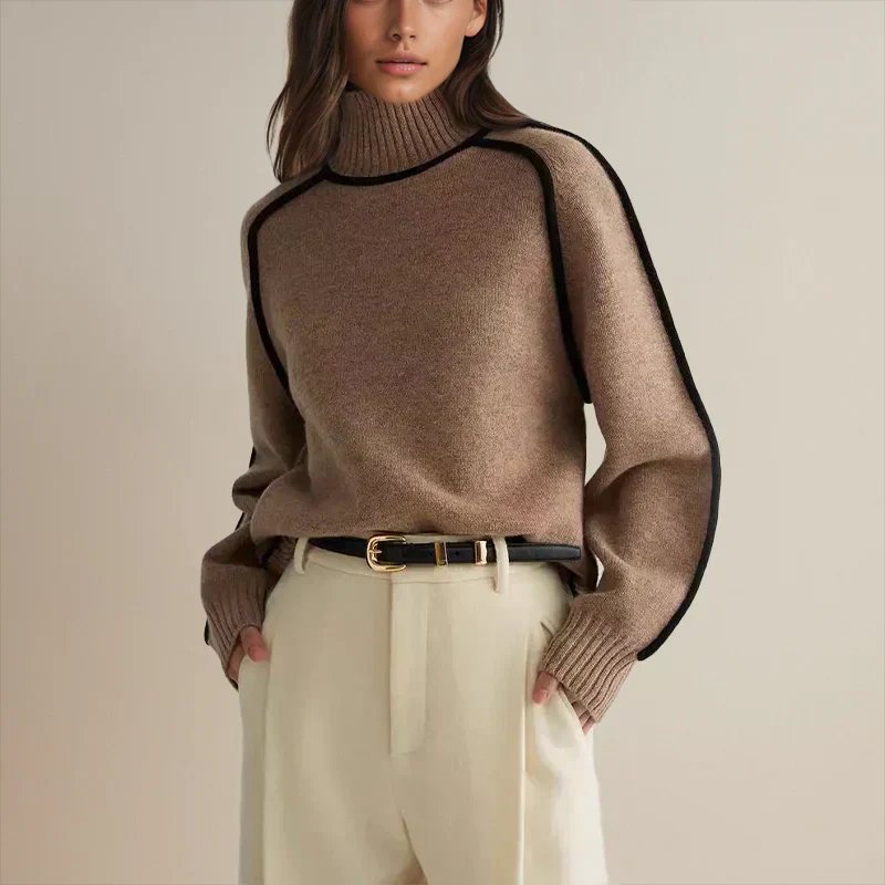 Women's Oversized Turtleneck Colorblock Knit Sweater