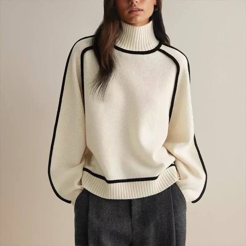 Women's Oversized Turtleneck Colorblock Knit Sweater