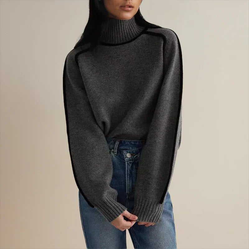 Women's Oversized Turtleneck Colorblock Knit Sweater