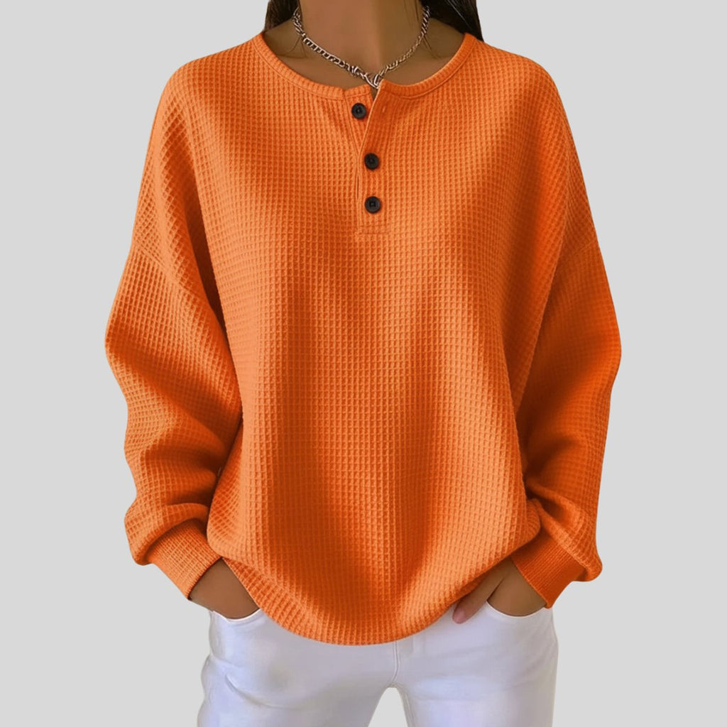 Women's Oversized Waffle Knit Sweater Henley Pullover Top