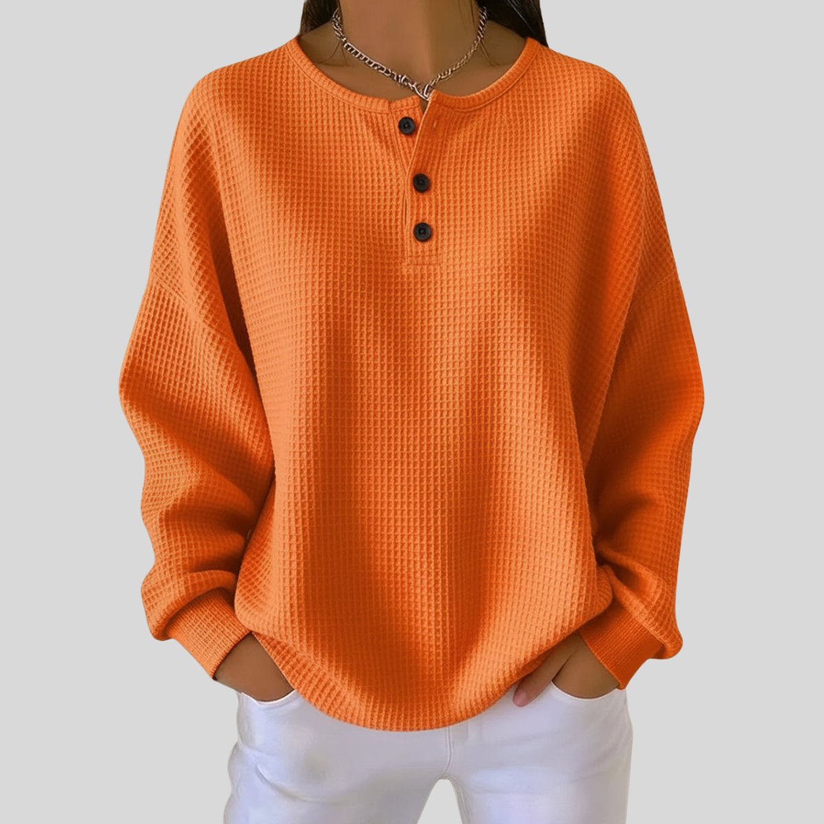 Women's Oversized Waffle Knit Sweater Henley Pullover Top