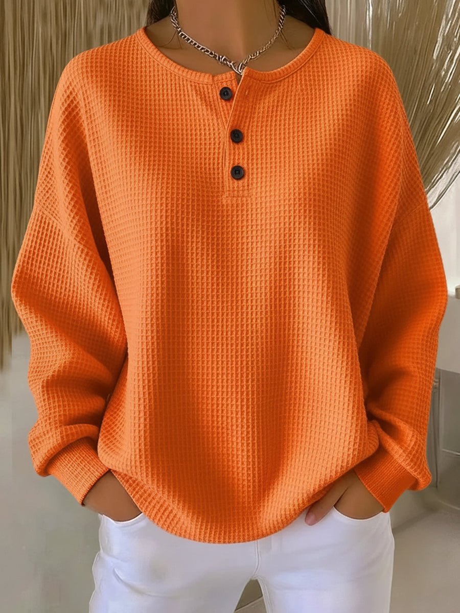 Women's Oversized Waffle Knit Sweater Henley Pullover Top