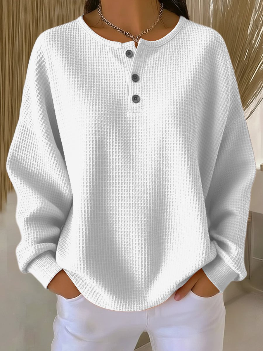 Women's Oversized Waffle Knit Sweater Henley Pullover Top