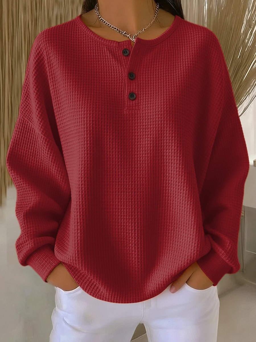 Women's Oversized Waffle Knit Sweater Henley Pullover Top