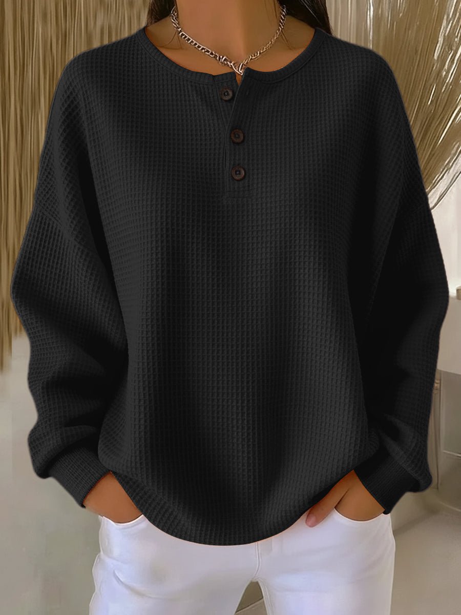 Women's Oversized Waffle Knit Sweater Henley Pullover Top