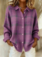 Women's Plaid Knit Button-Up Oversized Jacket Cardigan