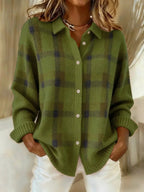 Women's Plaid Knit Button-Up Oversized Jacket Cardigan
