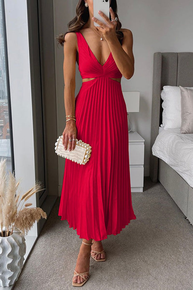 Women's Pleated Cutout Maxi Cocktail Party Dress V-Neck