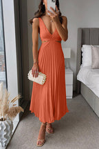 Women's Pleated Cutout Maxi Cocktail Party Dress V-Neck