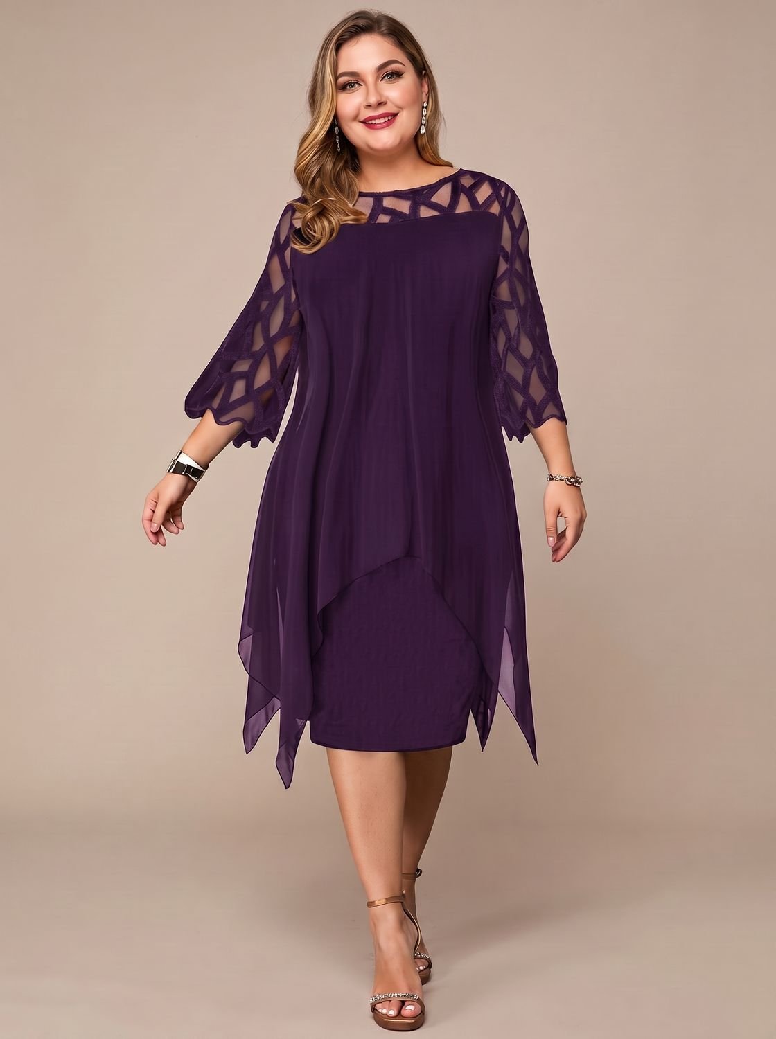 Women's Plus Size Lace-Yoke Chiffon Overlay Midi Dress