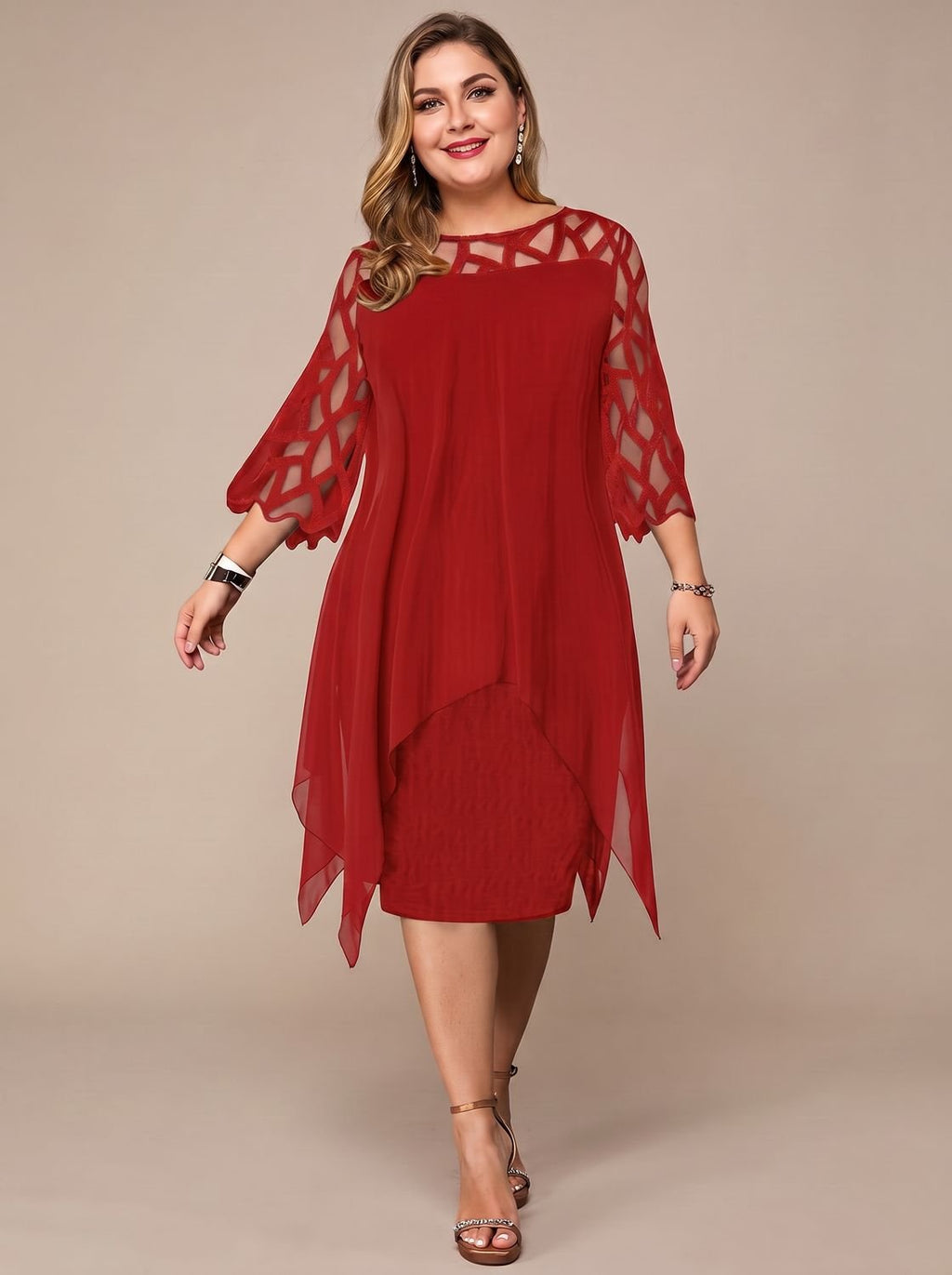Women's Plus Size Lace-Yoke Chiffon Overlay Midi Dress