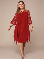 Women's Plus Size Lace-Yoke Chiffon Overlay Midi Dress
