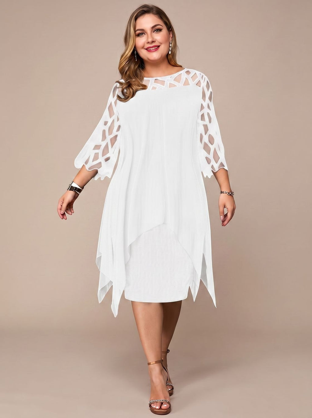 Women's Plus Size Lace-Yoke Chiffon Overlay Midi Dress