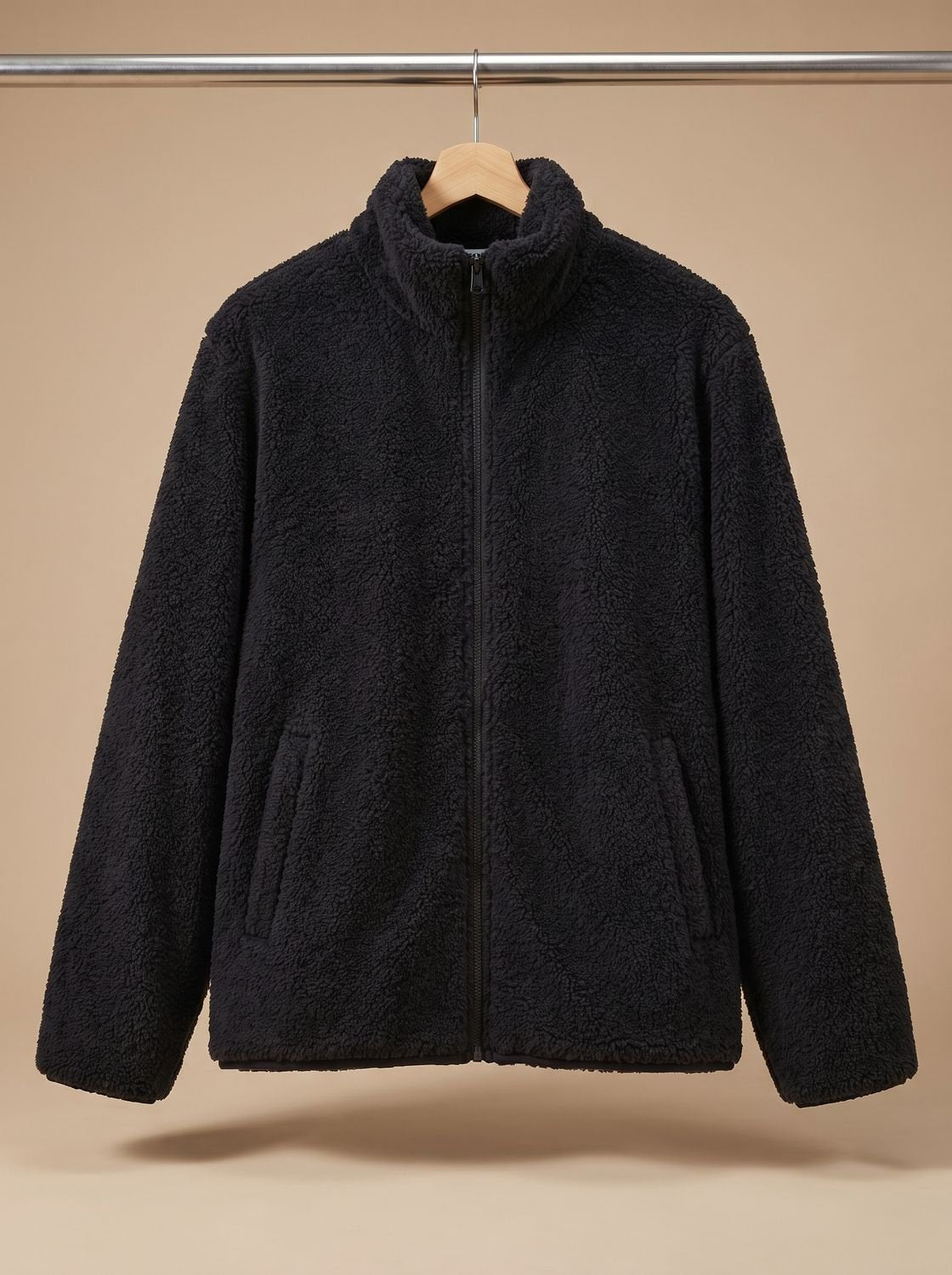 Women's Plush Zip-Through Fleece with Slanted Pockets - Black
