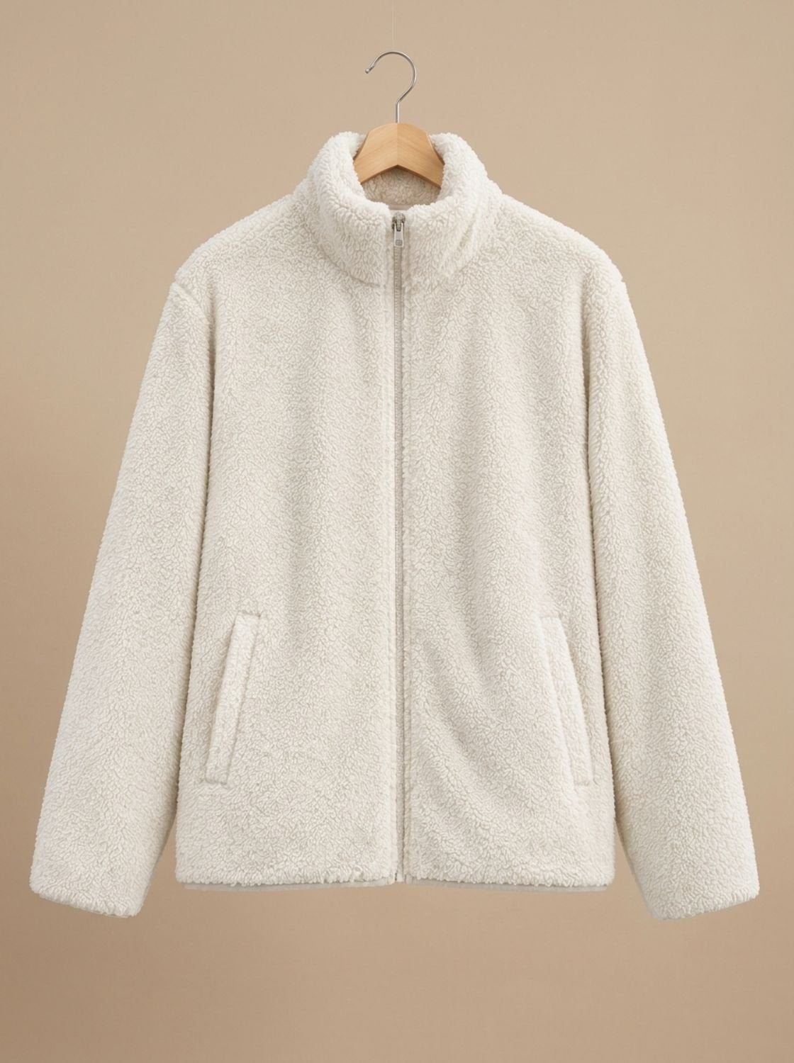Women's Plush Zip-Through Fleece with Slanted Pockets - White
