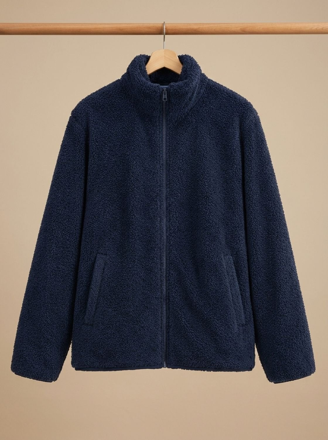 Women's Plush Zip-Through Fleece with Slanted Pockets - Navy Blue