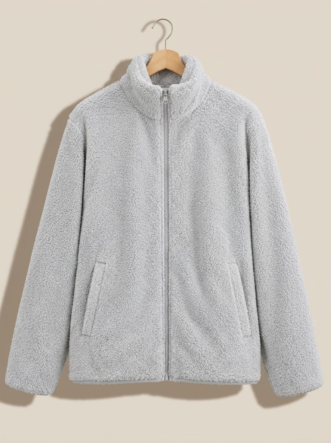 Women's Plush Zip-Through Fleece with Slanted Pockets - Light Gray
