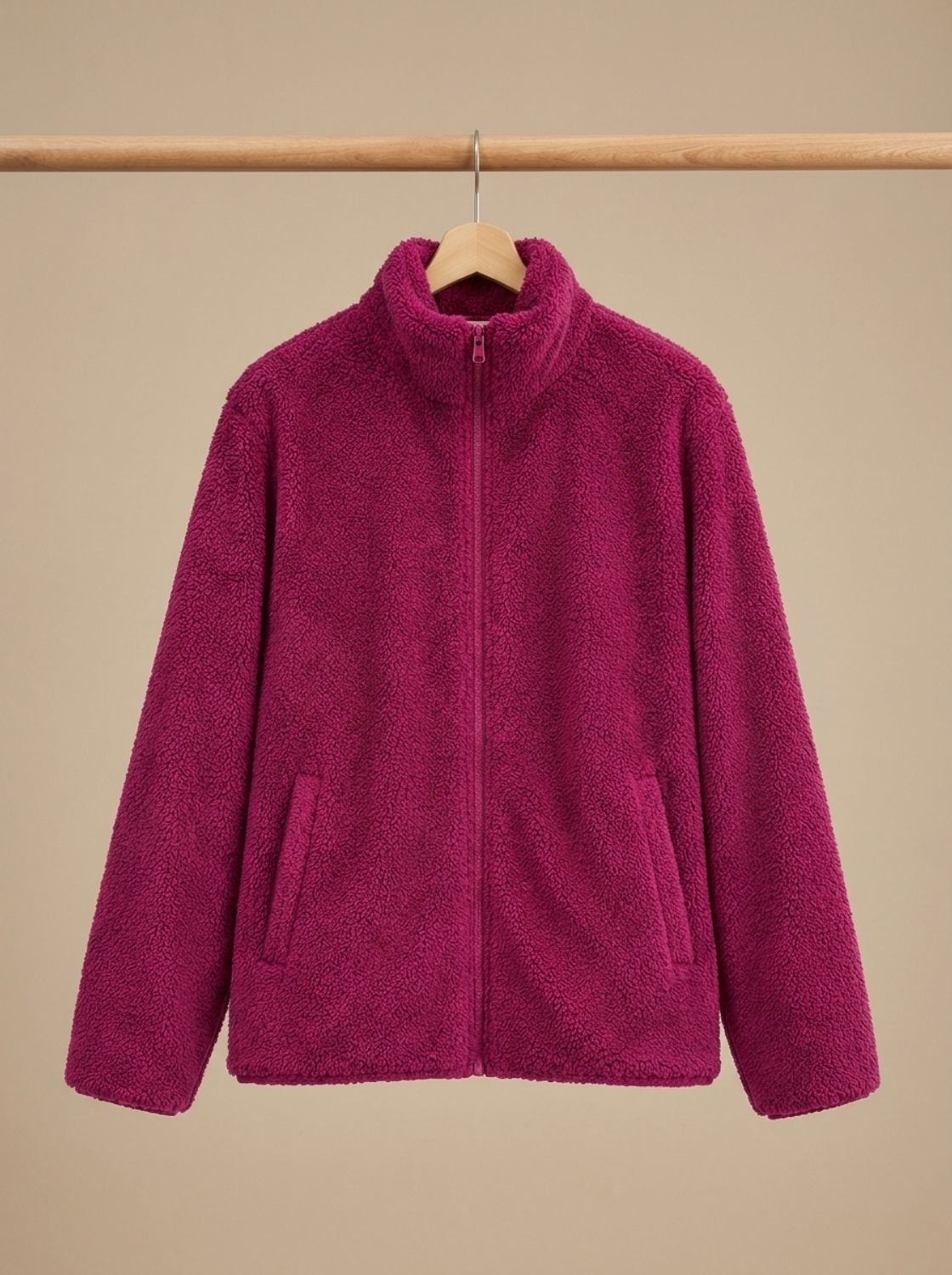 Women's Plush Zip-Through Fleece with Slanted Pockets - Red