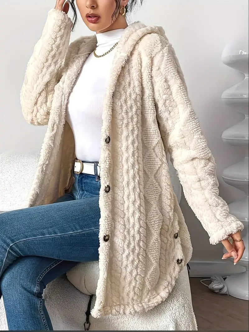 Women's Plush Hooded Button-Front Long Cardigan