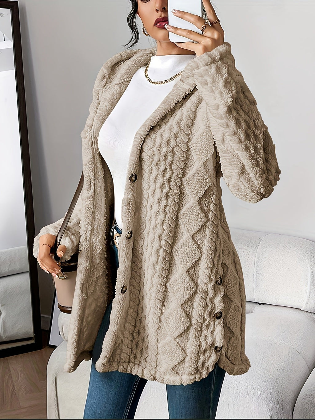 Women's Plush Hooded Button-Front Long Cardigan